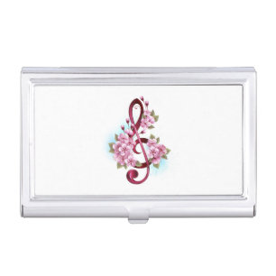 Musical treble clef notes with Sakura flowers Business Card Case