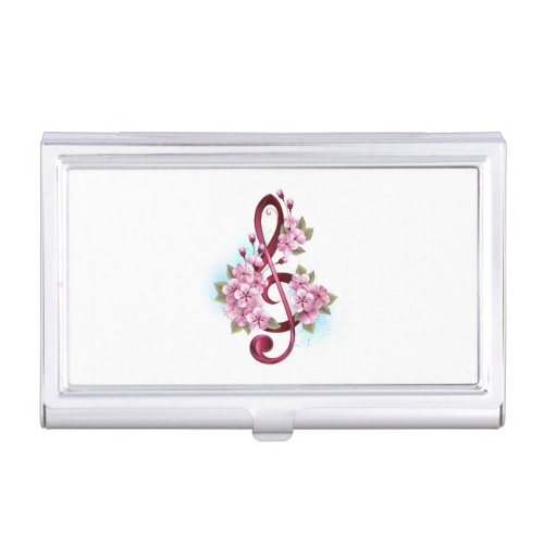 Musical treble clef notes with Sakura flowers Business Card Case