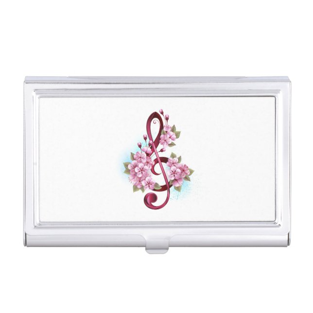 Musical treble clef notes with Sakura flowers Business Card Case (Front)