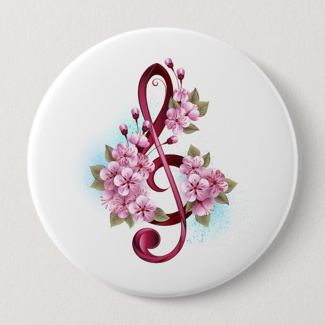 Musical treble clef notes with Sakura flowers Button (Front)