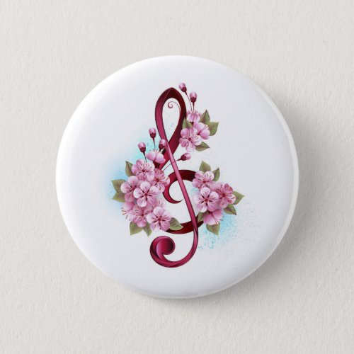 Musical treble clef notes with Sakura flowers Button