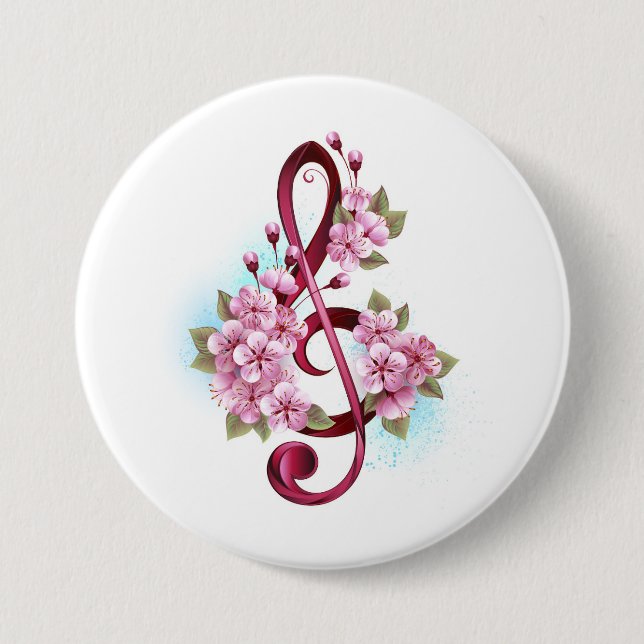 Musical treble clef notes with Sakura flowers Button (Front)