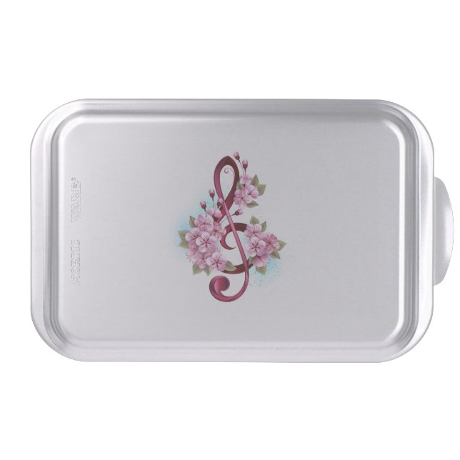 Musical treble clef notes with Sakura flowers Cake Pan (Front)