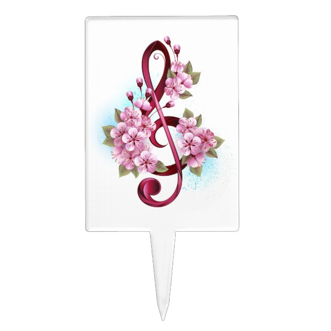 Musical treble clef notes with Sakura flowers Cake Topper (Front)