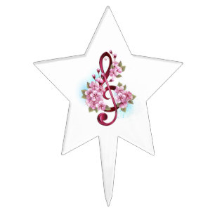 Musical treble clef notes with Sakura flowers Cake Topper