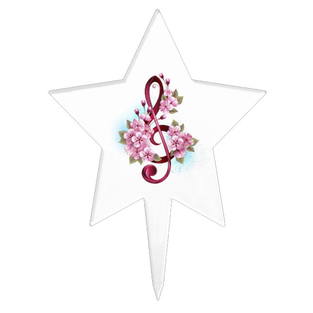 Musical treble clef notes with Sakura flowers Cake Topper (Front)