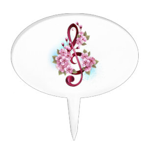 Musical treble clef notes with Sakura flowers Cake Topper