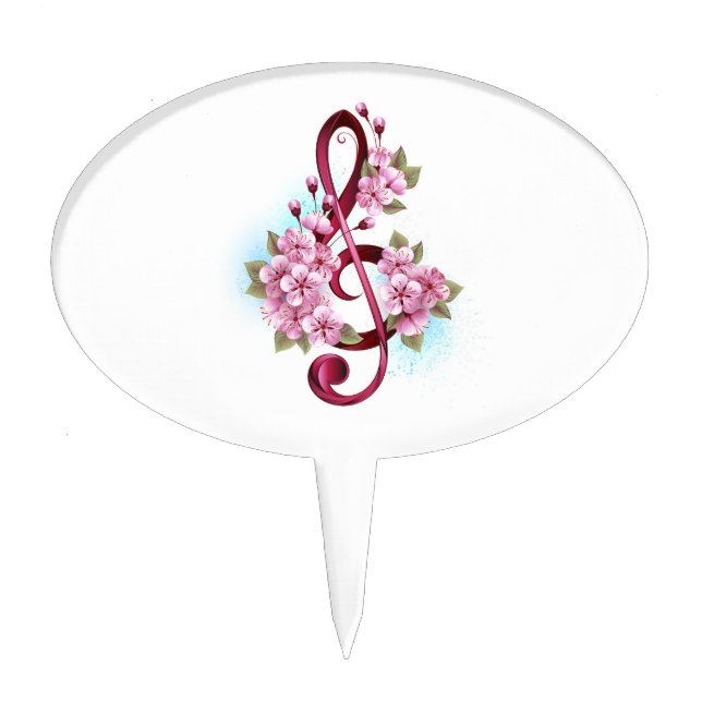 Musical treble clef notes with Sakura flowers Cake Topper (Front)