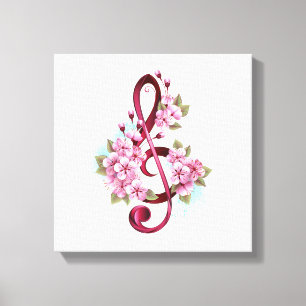 Musical treble clef notes with Sakura flowers Canvas Print