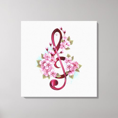 Musical treble clef notes with Sakura flowers Canvas Print