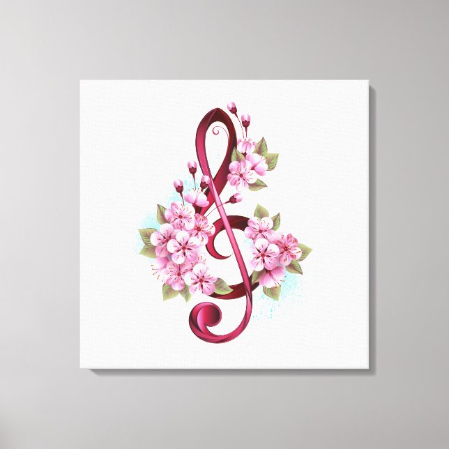 Musical treble clef notes with Sakura flowers Canvas Print (Front)