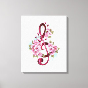 Musical treble clef notes with Sakura flowers Canvas Print