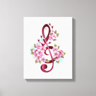 Musical treble clef notes with Sakura flowers Canvas Print