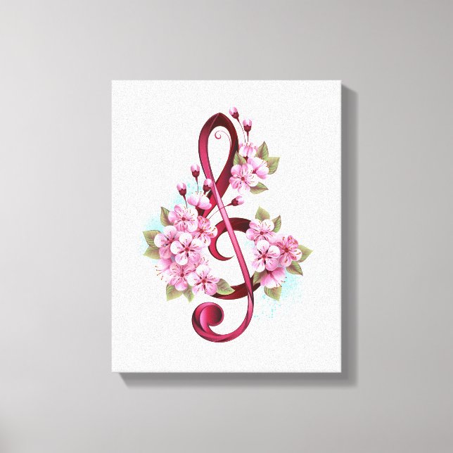 Musical treble clef notes with Sakura flowers Canvas Print (Front)