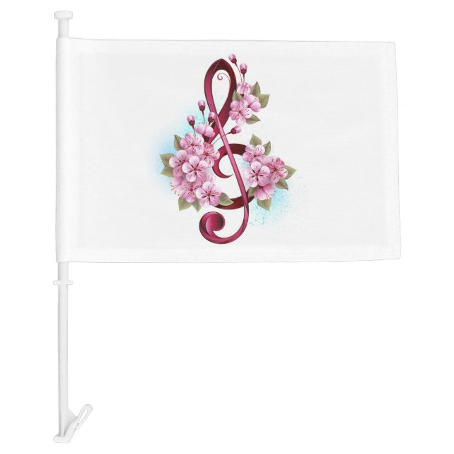 Musical treble clef notes with Sakura flowers Car Flag (Front)