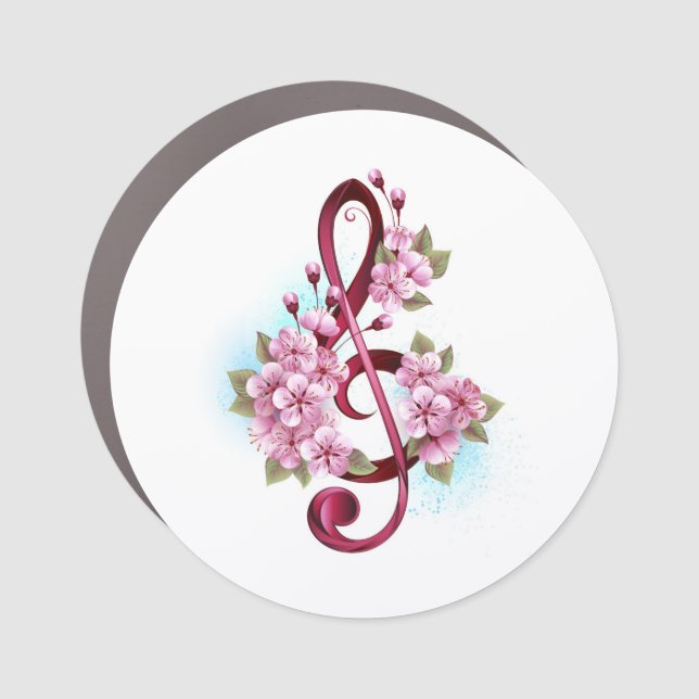 Musical treble clef notes with Sakura flowers Car Magnet (Front)