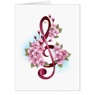 Musical treble clef notes with Sakura flowers Card