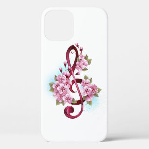 Musical treble clef notes with Sakura flowers iPhone 12 Case