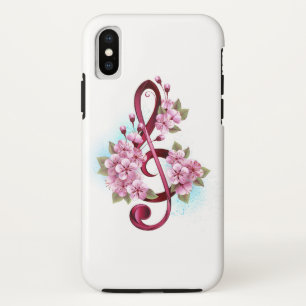 Musical treble clef notes with Sakura flowers iPhone X Case