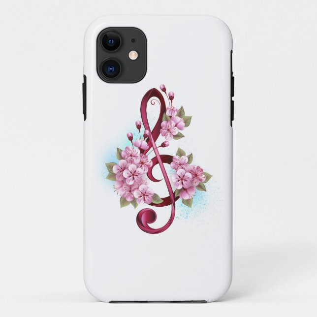 Musical treble clef notes with Sakura flowers Case-Mate iPhone Case (Back)