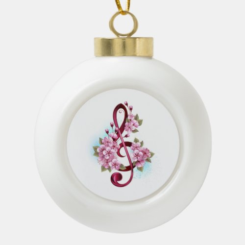 Musical treble clef notes with Sakura flowers Ceramic Ball Christmas Ornament