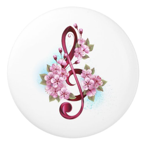 Musical treble clef notes with Sakura flowers Ceramic Knob