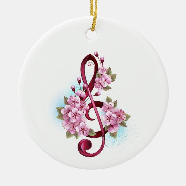 Musical treble clef notes with Sakura flowers Ceramic Ornament (Front)