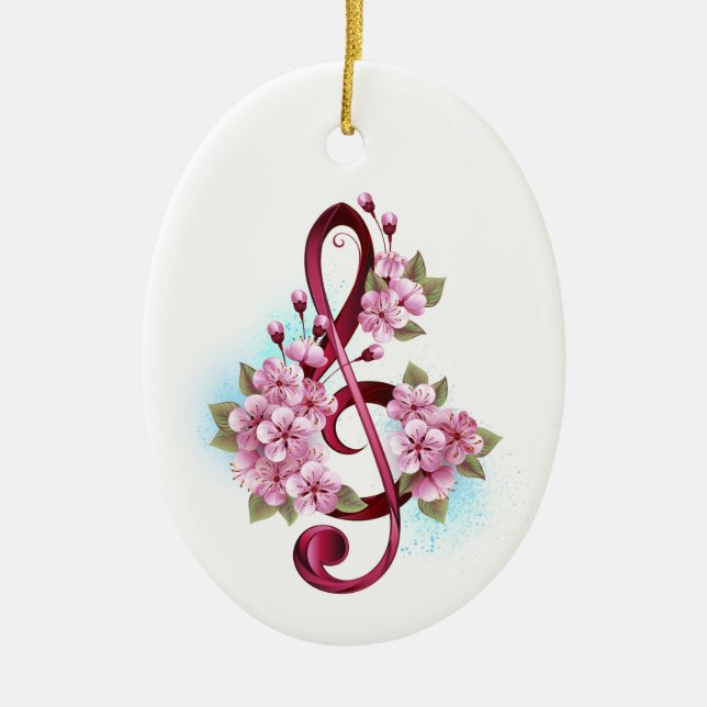 Musical treble clef notes with Sakura flowers Ceramic Ornament (Front)