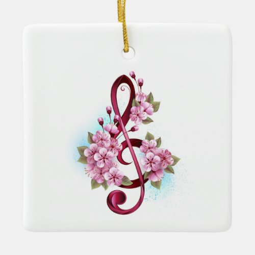 Musical treble clef notes with Sakura flowers Ceramic Ornament