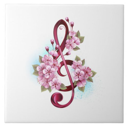 Musical treble clef notes with Sakura flowers Ceramic Tile