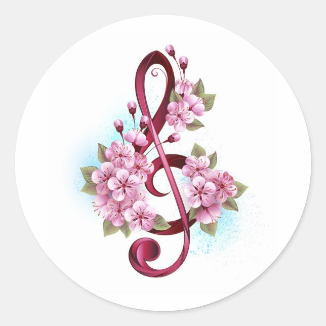 Musical treble clef notes with Sakura flowers Classic Round Sticker (Front)