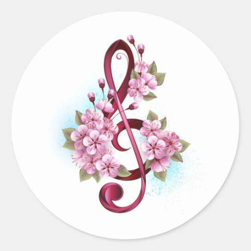 Musical treble clef notes with Sakura flowers Classic Round Sticker