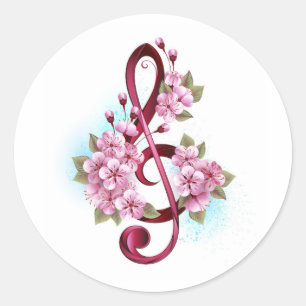 Musical treble clef notes with Sakura flowers Classic Round Sticker