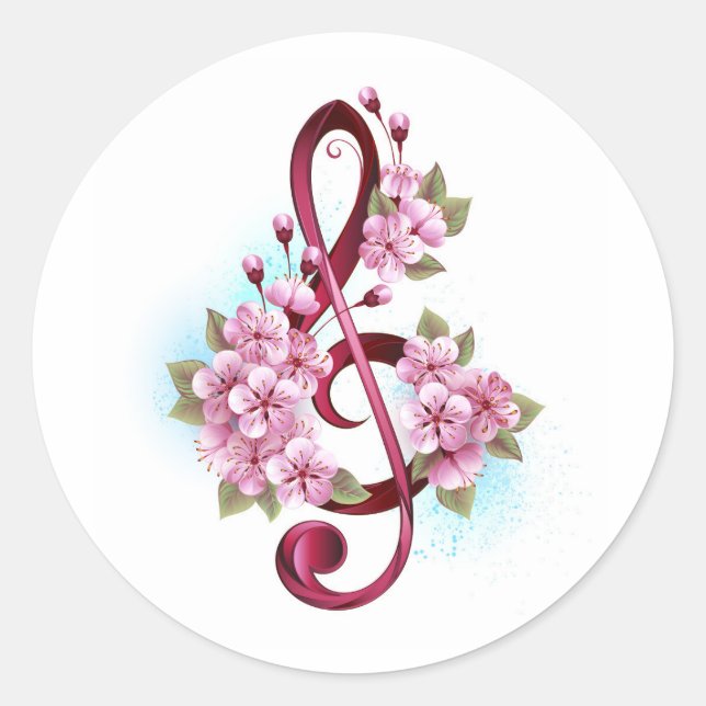 Musical treble clef notes with Sakura flowers Classic Round Sticker (Front)