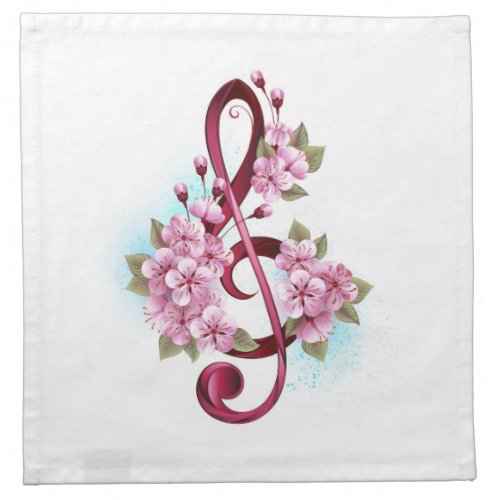 Musical treble clef notes with Sakura flowers Cloth Napkin