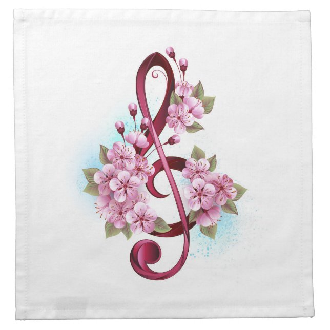 Musical treble clef notes with Sakura flowers Cloth Napkin (Front)
