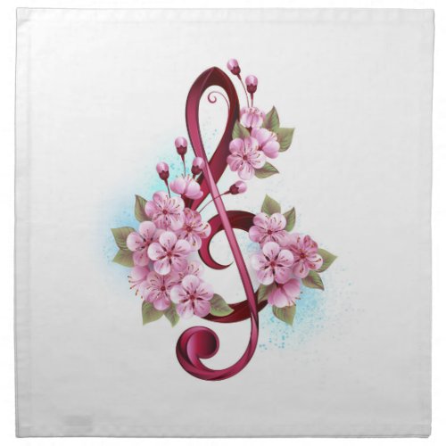 Musical treble clef notes with Sakura flowers Cloth Napkin