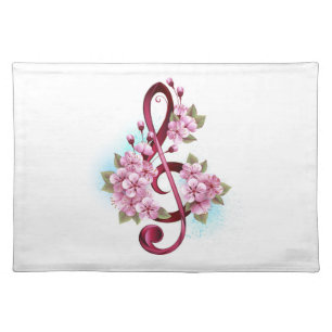 Musical treble clef notes with Sakura flowers Cloth Placemat