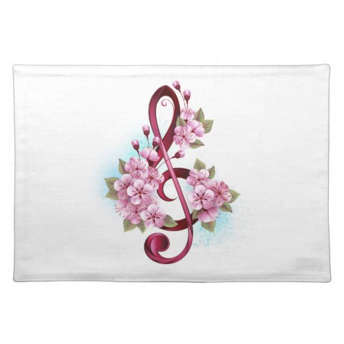 Musical treble clef notes with Sakura flowers Cloth Placemat