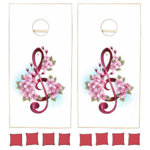 Musical treble clef notes with Sakura flowers Cornhole Set