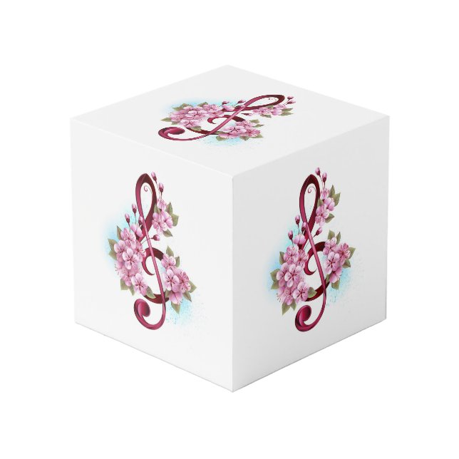 Musical treble clef notes with Sakura flowers Cube (Front Angled)