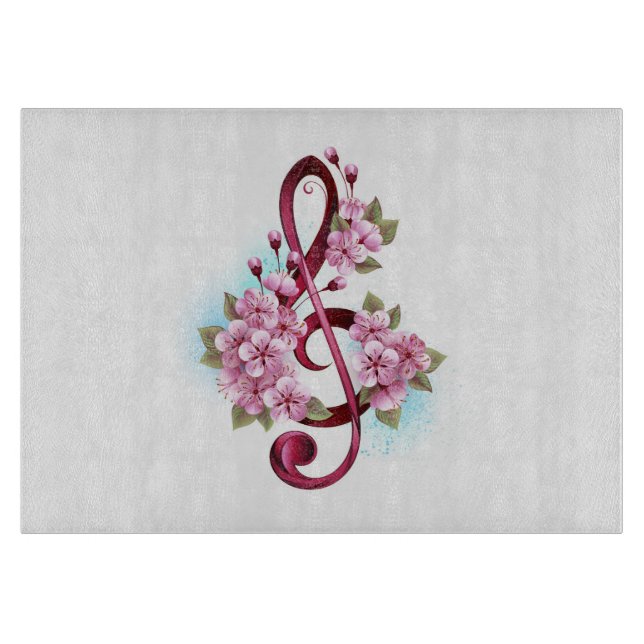Musical treble clef notes with Sakura flowers Cutting Board (Front)