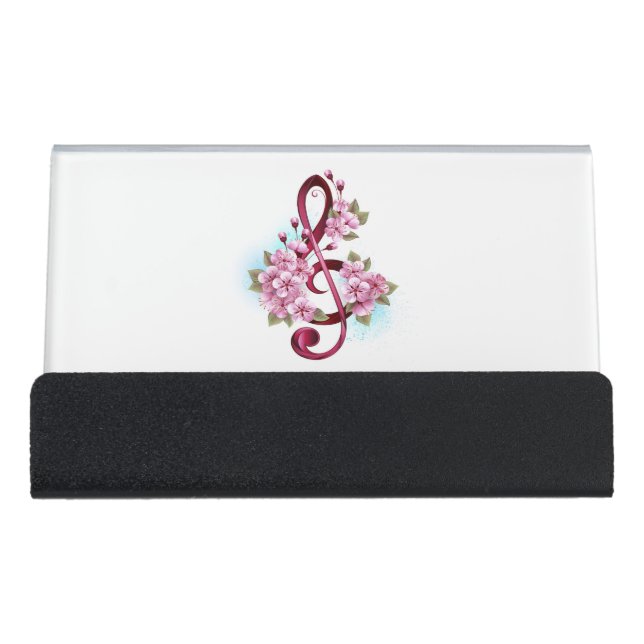 Musical treble clef notes with Sakura flowers Desk Business Card Holder (Front)