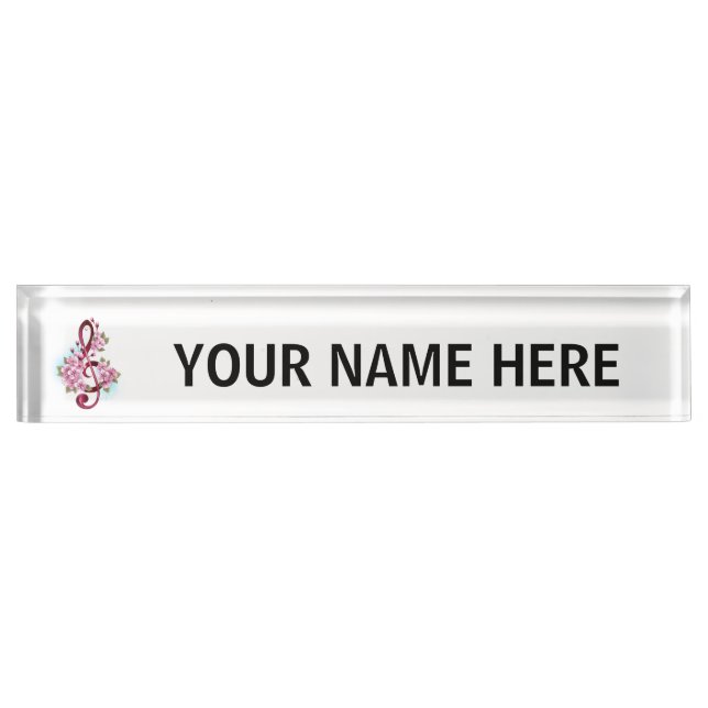 Musical treble clef notes with Sakura flowers Desk Name Plate (Front)