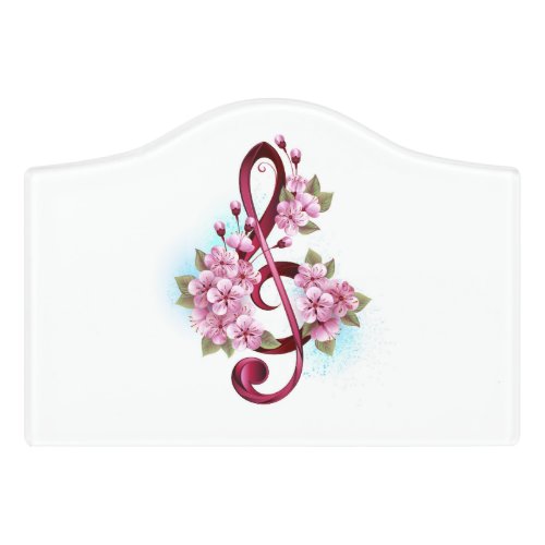 Musical treble clef notes with Sakura flowers Door Sign