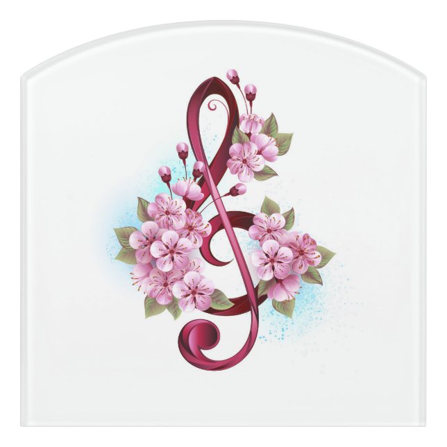 Musical treble clef notes with Sakura flowers Door Sign (Contour Front)