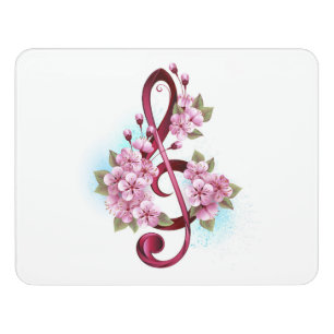 Musical treble clef notes with Sakura flowers Door Sign