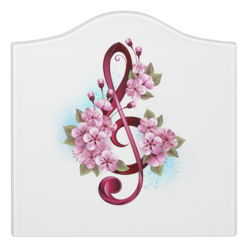 Musical treble clef notes with Sakura flowers Door Sign