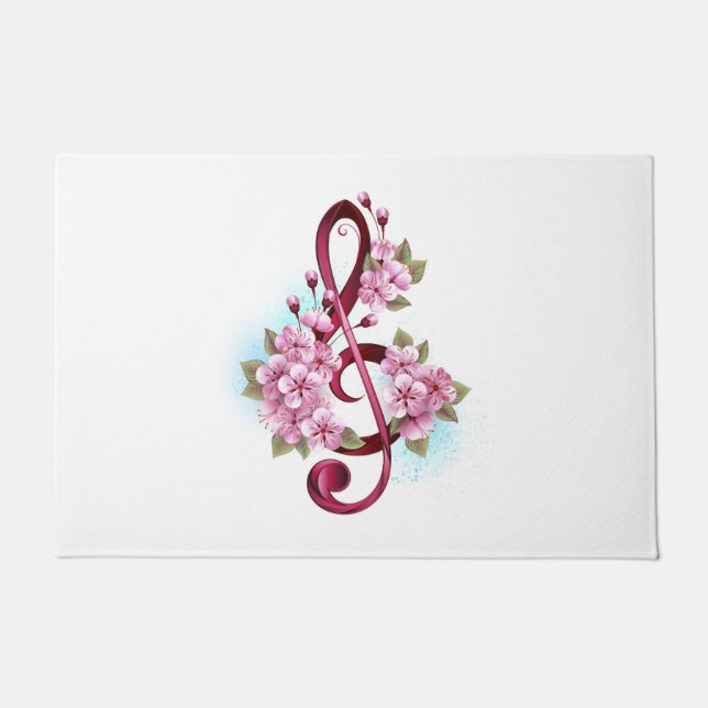 Musical treble clef notes with Sakura flowers Doormat (Front)
