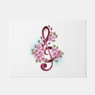 Musical treble clef notes with Sakura flowers Doormat